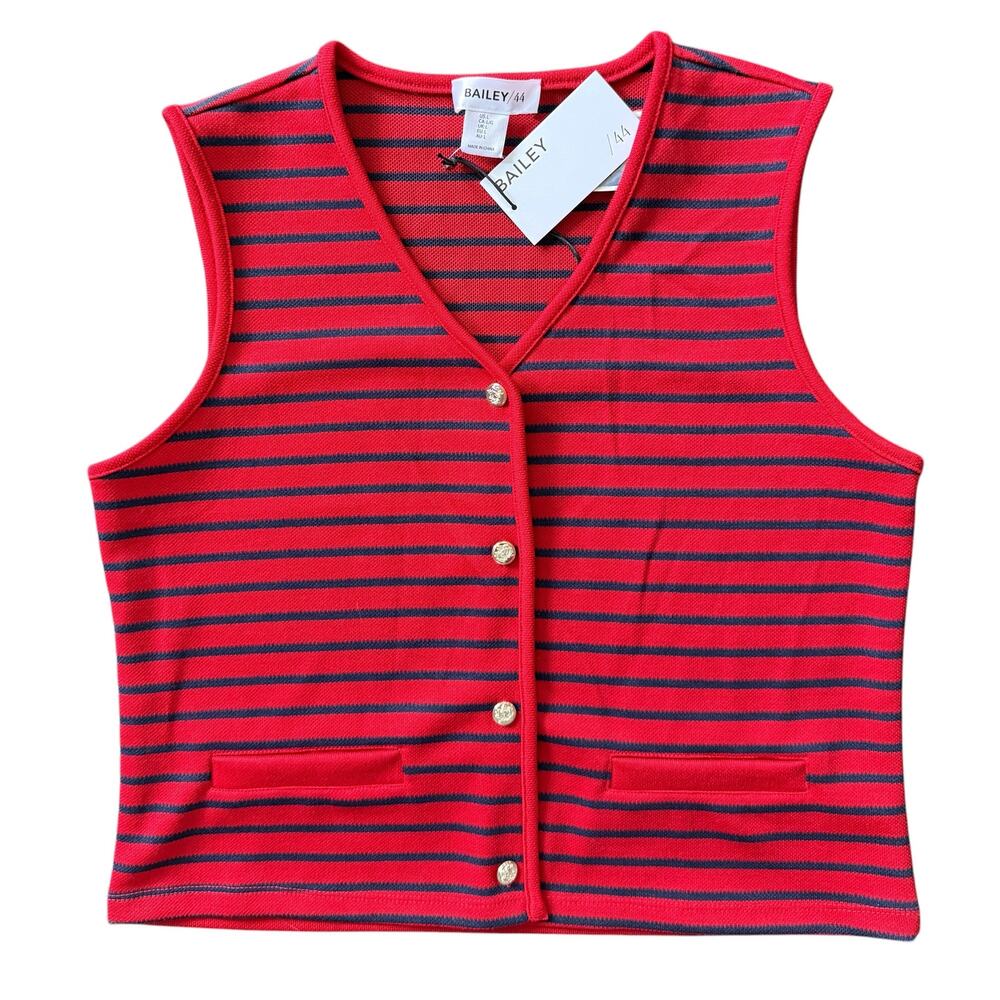 NWT Bailey 44 Sz L Red Sleeveless Blue Stripes Gold Button Closure | NWT
